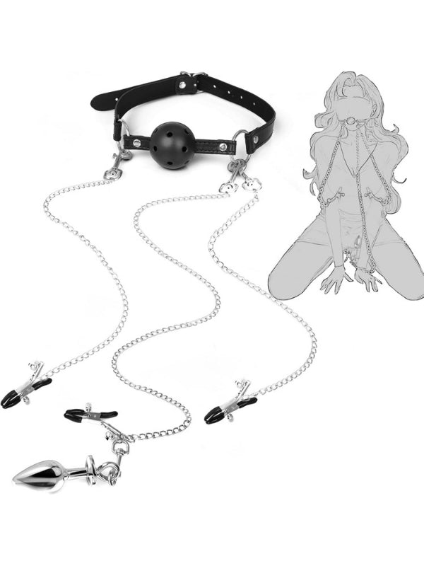 BDSM 4’ü 1 Arada Bondage Seti – Ağızlık, Klipsler ve Anal Plug Zincir