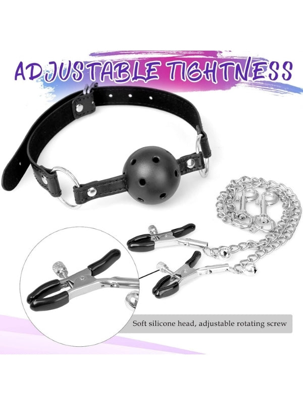 BDSM 4’ü 1 Arada Bondage Seti – Ağızlık, Klipsler ve Anal Plug Zincir