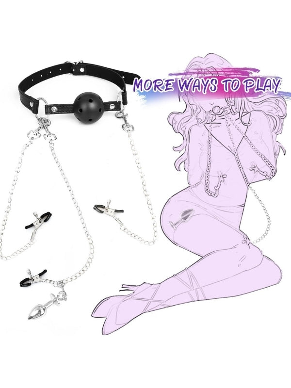 BDSM 4’ü 1 Arada Bondage Seti – Ağızlık, Klipsler ve Anal Plug Zincir