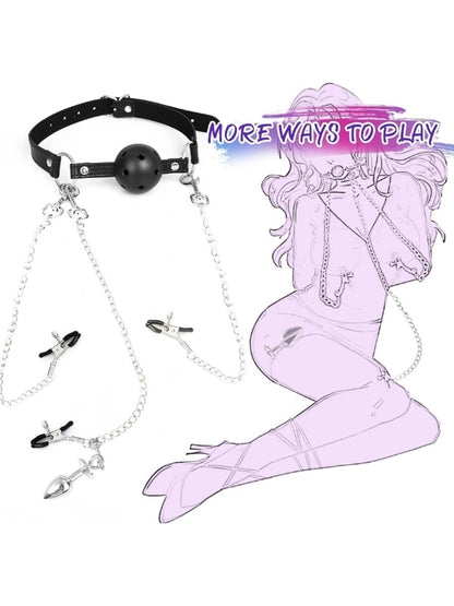 BDSM 4’ü 1 Arada Bondage Seti – Ağızlık, Klipsler ve Anal Plug Zincir
